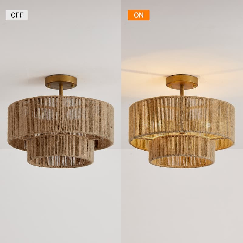 Bohemian 3-Light Antique Gold Natural Jute Rope Drum Semi-Flush Mount Ceiling Light - 15.4" W x 12.6" H