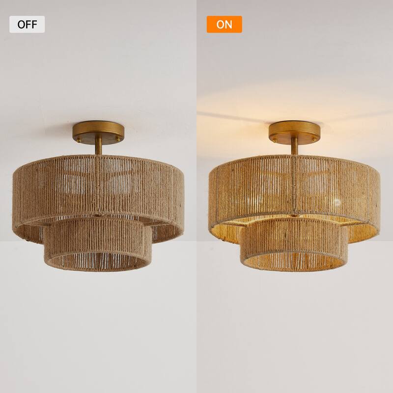 Bohemian Gold Natural Handmade Jute Rope 3-Light Two-Tier Drum Semi-Flush Mount Ceiling Light - 15.4"Wx12.6"H