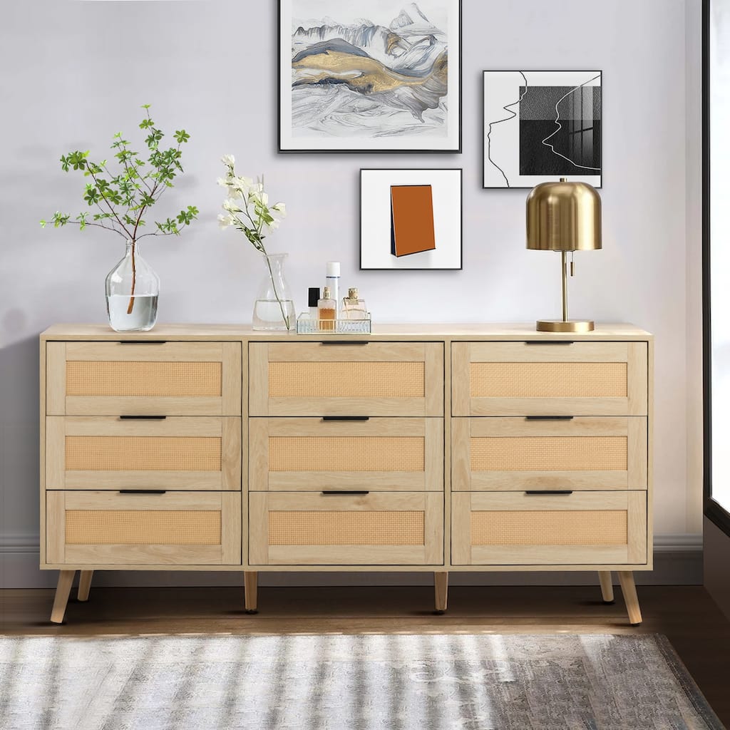 9 Drawers Rattan Chest Of Dresser Storage Tower Cabinet
