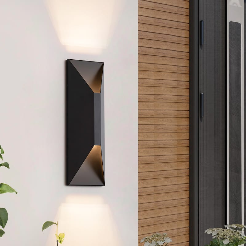 14 in. Modern Black Rectangular Geometric Integrated LED 3000K Outdoor Sconce Wall Light - 4.45 in. W x 14.06 in. H x 3.3 in. D