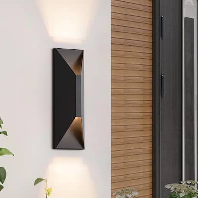 14 in. Modern Black Rectangular Geometric Integrated LED 3000K Outdoor Sconce Wall Light - 4.45 in. W x 14.06 in. H x 3.3 in. D
