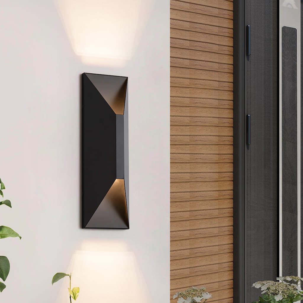 14 in. Modern Black Rectangular Geometric Integrated LED 3000K Outdoor Sconce Wall Light - 4.45 in. W x 14.06 in. H x 3.3 in. D
