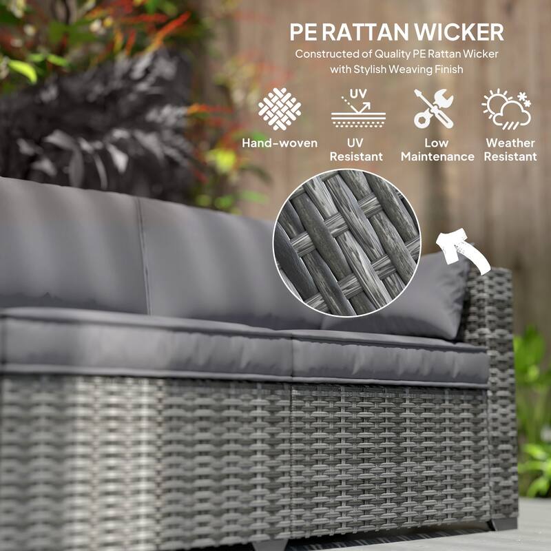 Three-Seater Outdoor Rattan Sofa with Cushions and Side Tray Tables for Patio and Garden - 78.7" W x 28.7" D x 28.3" H