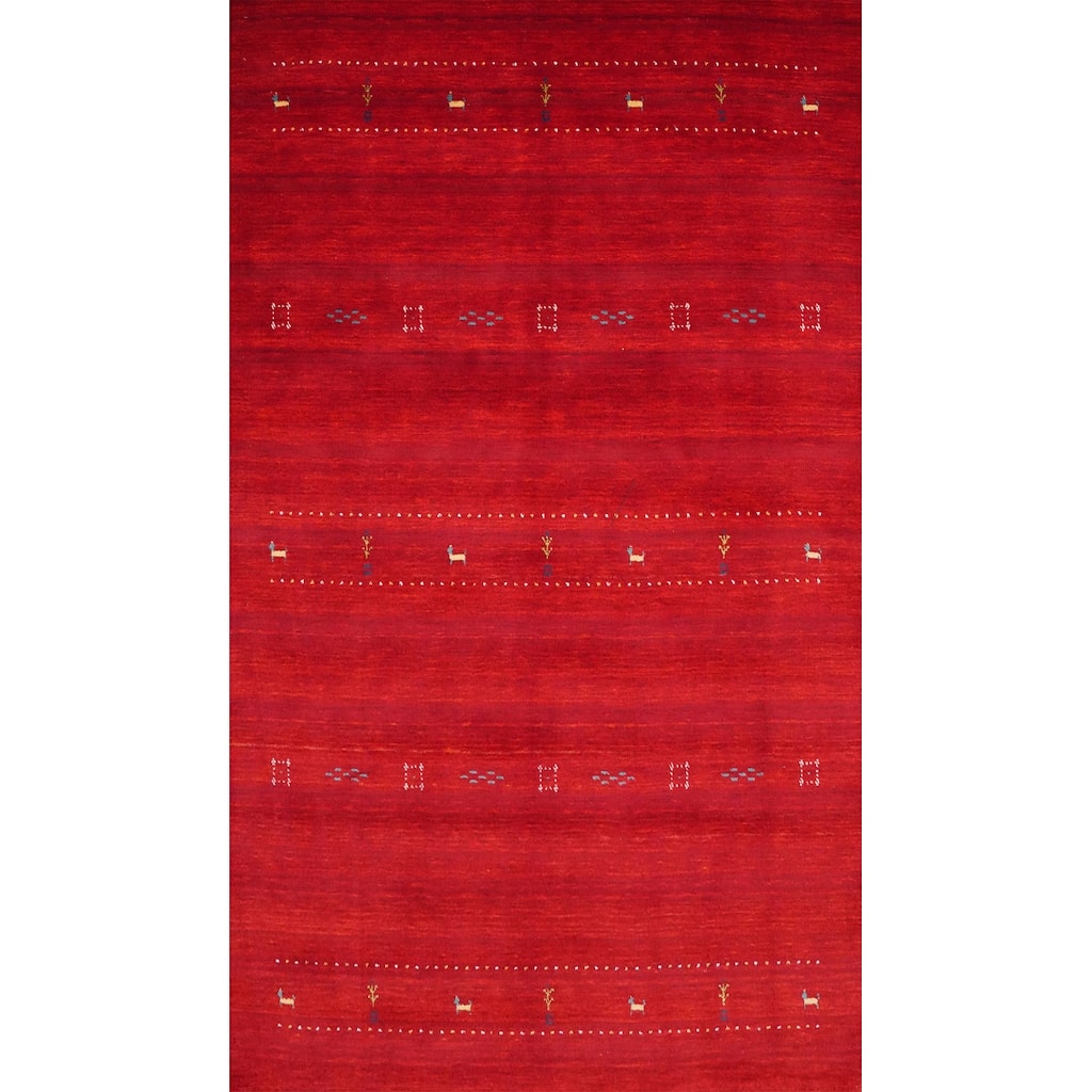 Hand Knotted Oriental 100% Wool Carpet Tribal Animal Pictorial Red Gabbeh Area Rug - 8' 1'' X 5' 5''