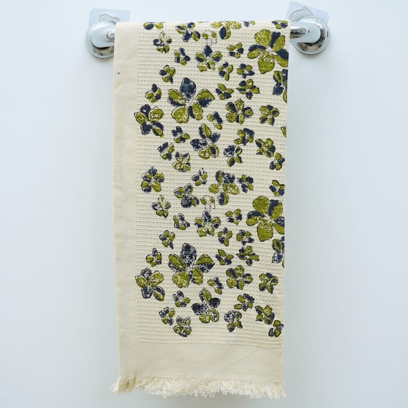 Fabdivine Honeycomb or Waffle Weave Hand Block Floral Print Hand Towel, Kitchen Gift Use