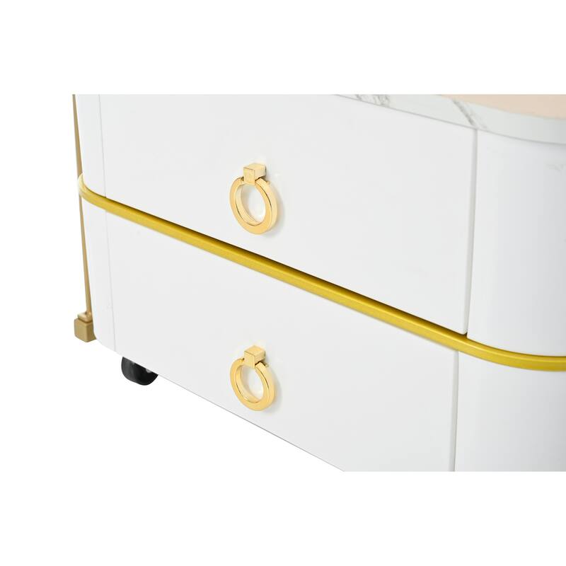 Mieres Stackable Coffee Table, Nesting Tables with Brown Tempered Glass, Wheels & Drawers and High Gloss Marble Grain Top