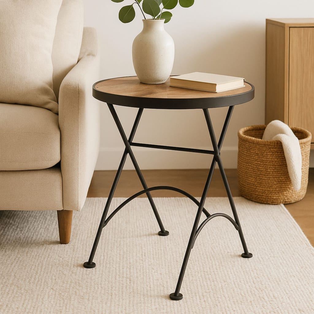 Solid Wood And Iron Metal Round Folding Accent Table by East at Main