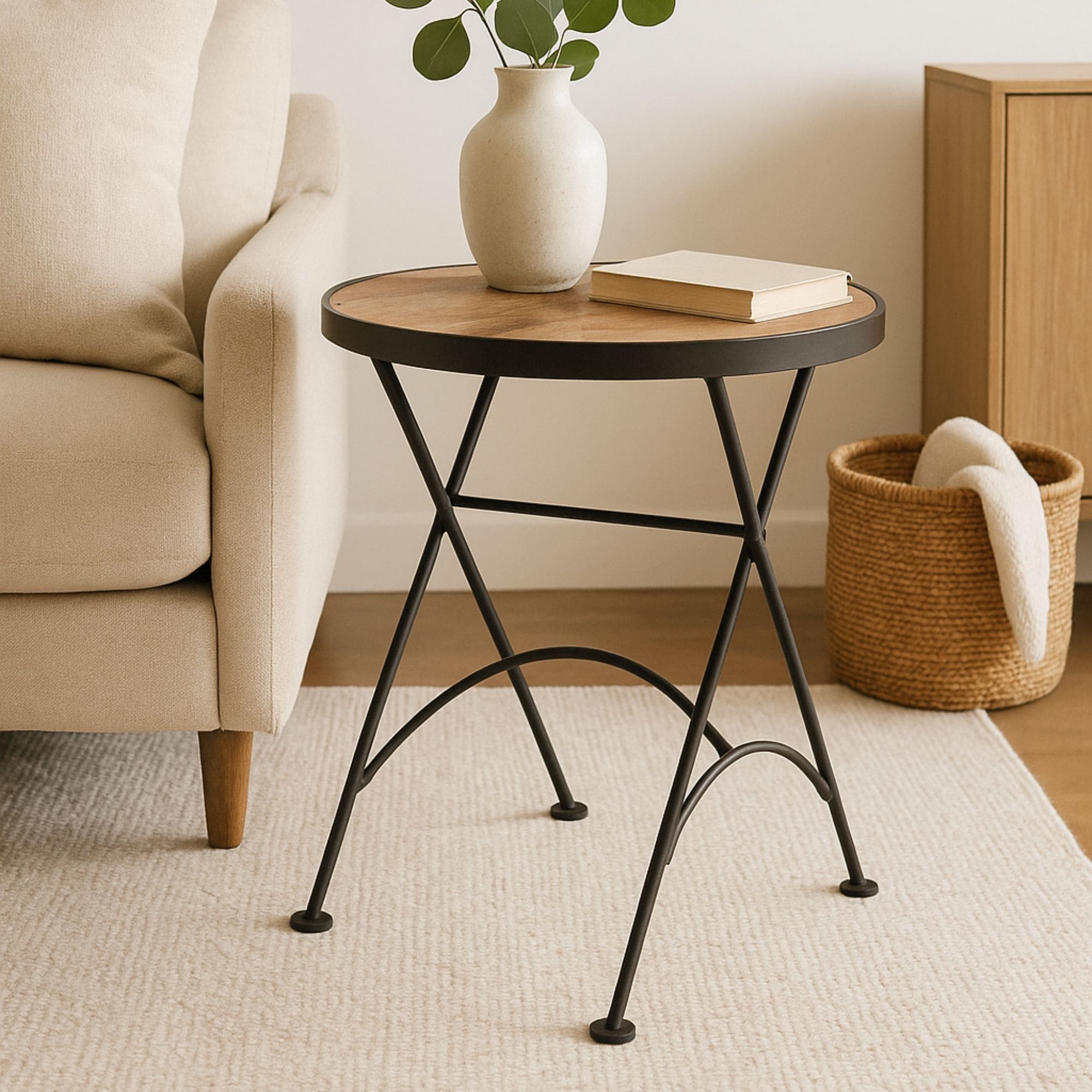Solid Wood And Iron Metal Round Folding Accent Table by East at Main