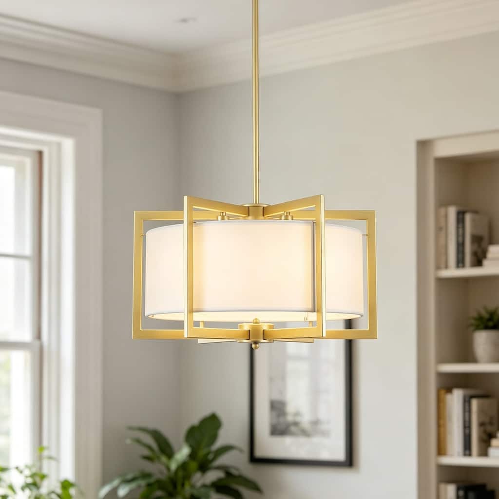 Modern 4-Light Geometric Drum Pendant Light with White Fabric Shade
