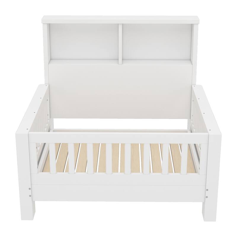 Pull Out Twin Size Platform Bed Converted into Baby Crib and Sofa with Storage Headboard and Removable Footboard