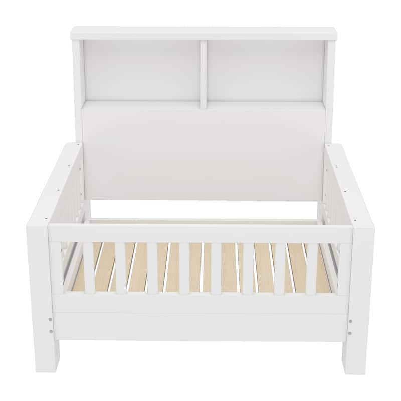 Twin Size Platform Bed with Storage Headboard, Pull-Out Design, High-Quality Safety Rails, White