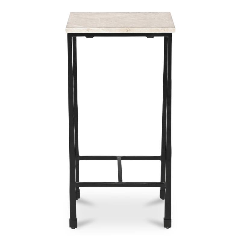 NADAAL STUDIOS Tylienne Side Table, Italian Botticino Marble, Hammered Blackened Iron Base