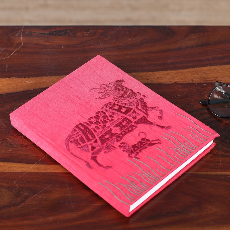 Novica Handmade Kamadhenu In Pink Rayon Embroidered Journal