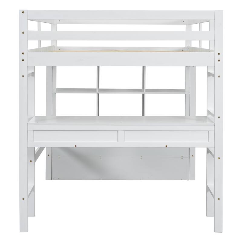 Full Size Pine Wood Loft Bed with Built-in Desk, Drawers, and Storage