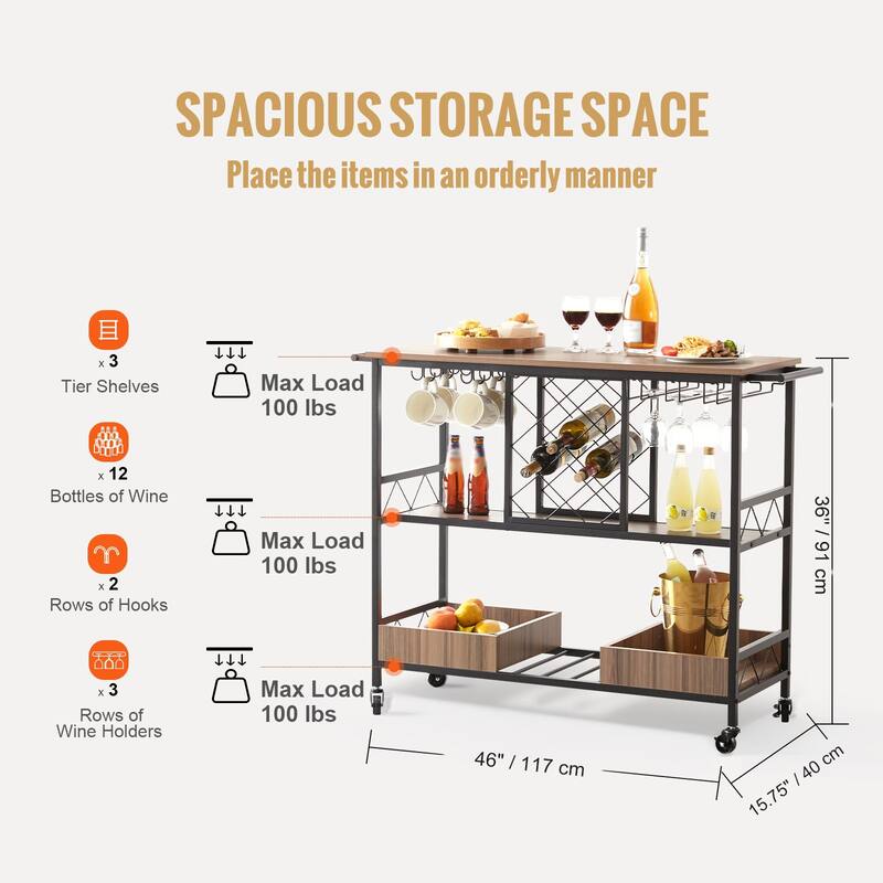 3-Tier Bar Serving Cart Rolling Trolley with Wine Grid Glass Holder 300LBS - Multi