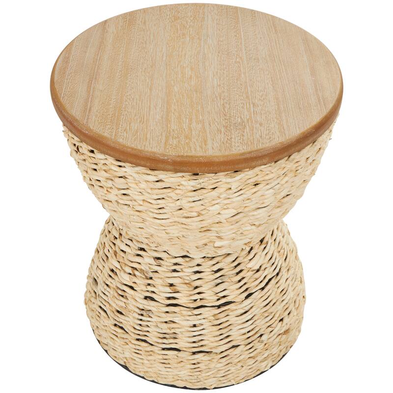 Light Brown or Brown Rattan Handmade Woven Side End Accent Table with Wood Tabletop and Black Frame