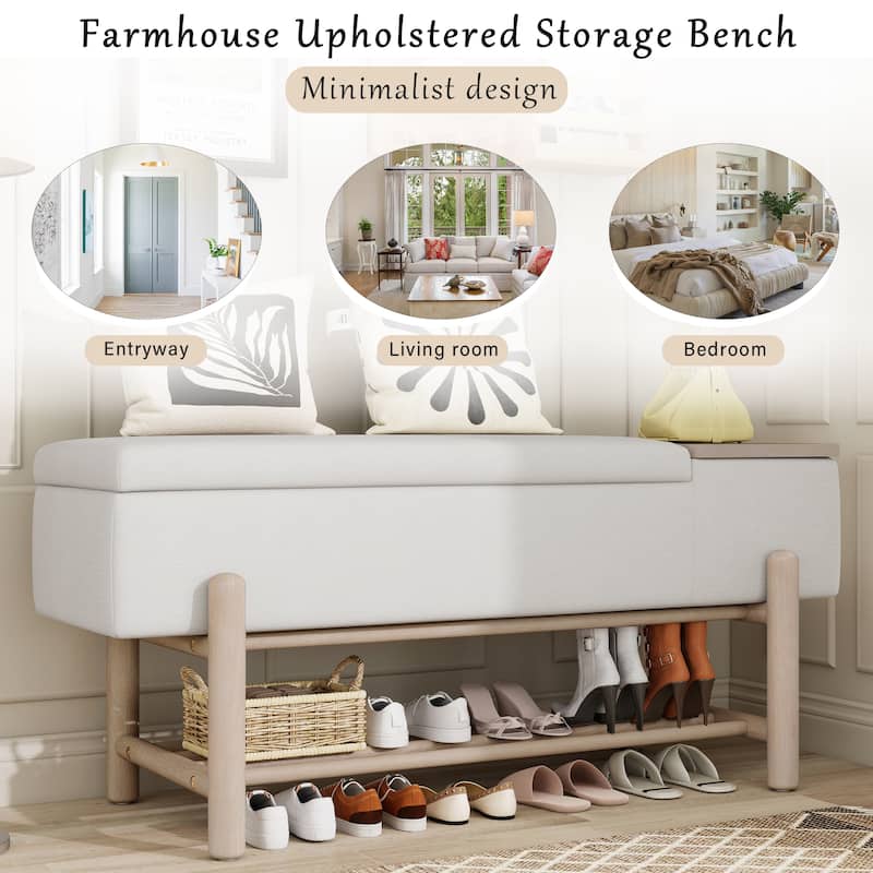Farmhouse Upholstered Storage Bench with Hidden Compartment, Modern Entryway Bench for Living Room, Entryway, and Hallways