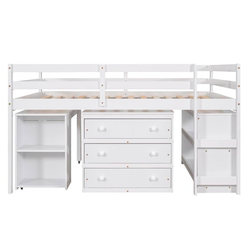Low Loft Bed with Cabinet Shelves and Rolling Portable Desk
