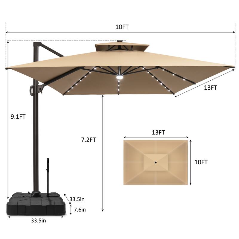 10X13 FT Outdoor Cantilever Patio Umbrella Solar LED Light with Rod Base