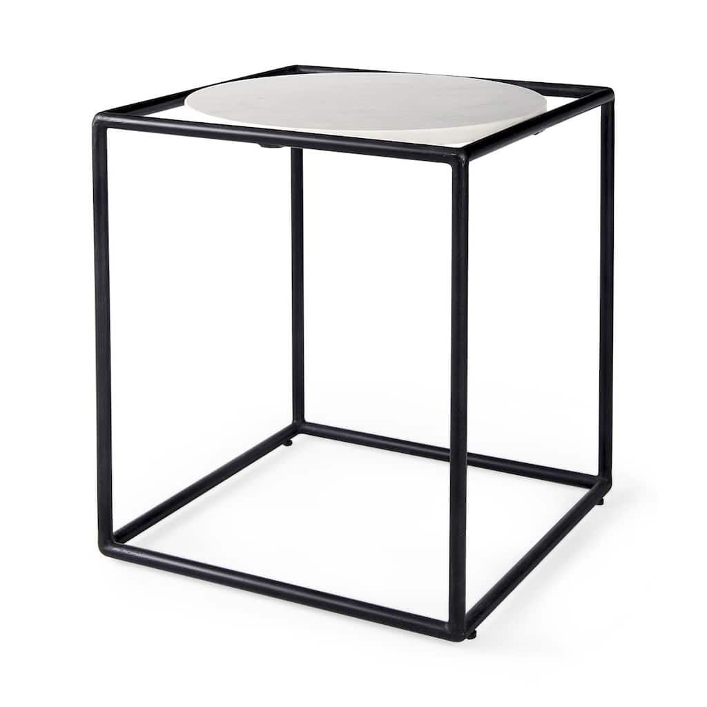 22" Black Marble Round End Table - Black and White
