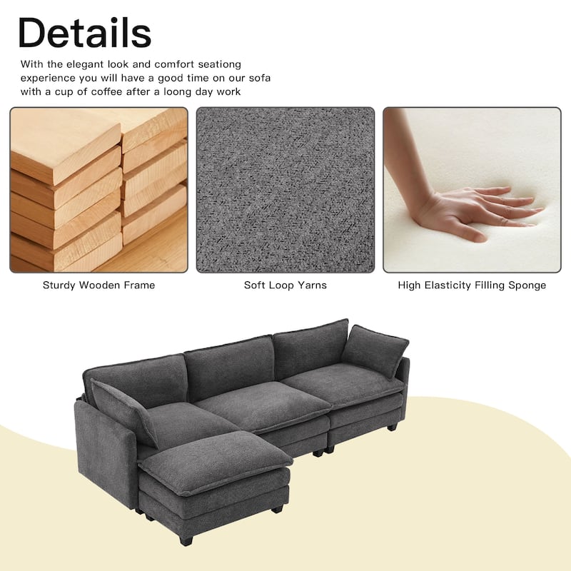 CLICKBIN Chenille Fabric Stragiht Arm L-Shaped Modular Sectional Sofa Couch with Ottoman for Living Room