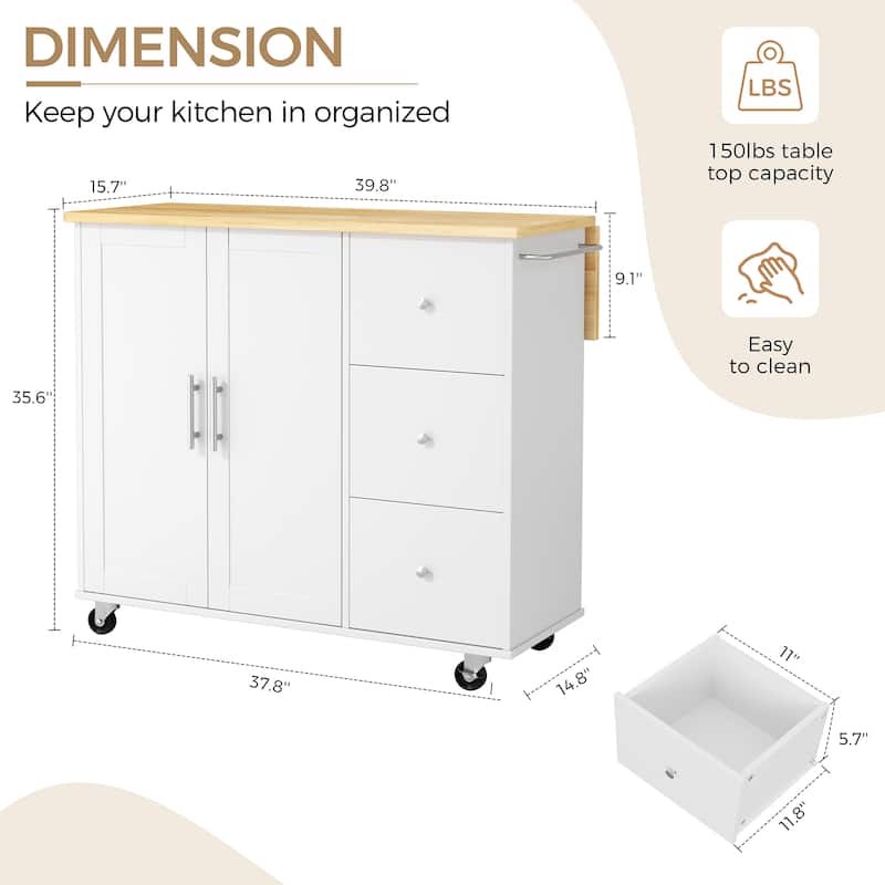 Rolling Kitchen Island with Storage Cabinet & 3 Drawers – Mobile Storage Cart with Extendable Countertop for Small Spaces