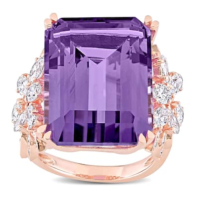 Miadora Rose Gold Octagon-Cut Amethyst and 1 3/4ct TDW Diamond Floral Cocktail Ring