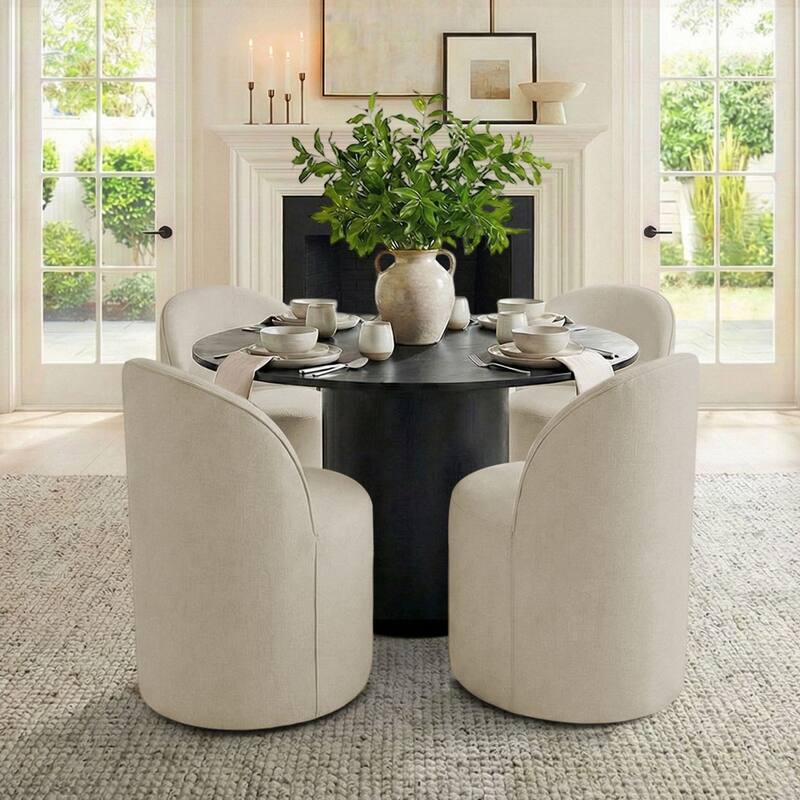 Upholstered Barrel Linen Dining Chair with Casters(Set of 4) - Set of 4 - Beige