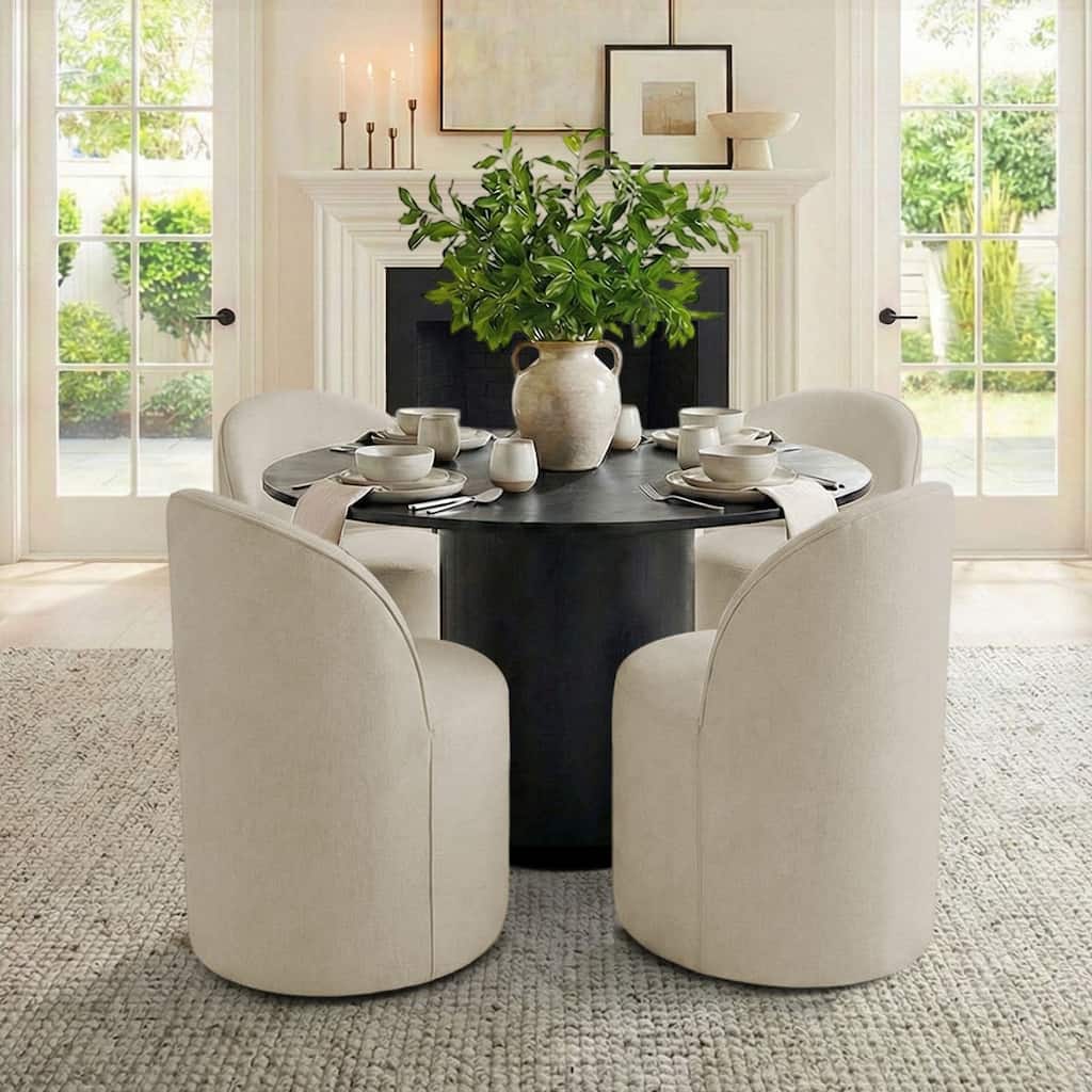 Upholstered Barrel Linen Dining Chair with Casters(Set of 4)