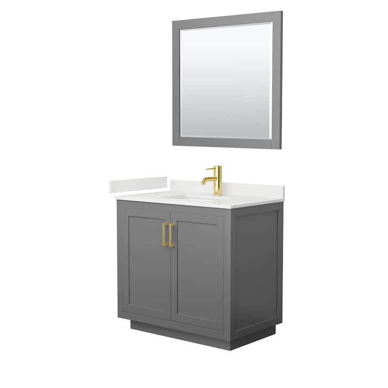 Miranda 36-inch Single Vanity, Quartz Top, 34-inch Mirror - Dark Gray, Gold Trim, White Quartz Top
