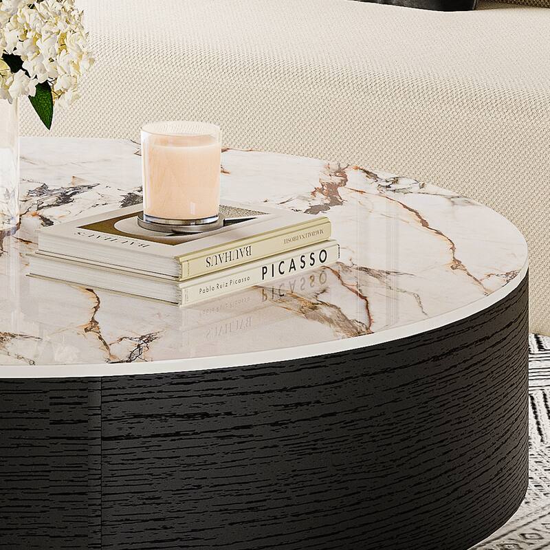 Modern Drum Coffee Table with Oak Veneer, Sintered Stone Coffee Table with 2 Solid Wood Drawers, Fully Assembled, White