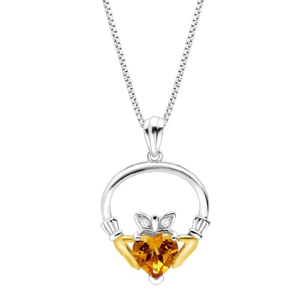 1 1/10 Natural Citrine Heart Claddagh Pendant with Diamonds in Sterling Silver & 14K Gold