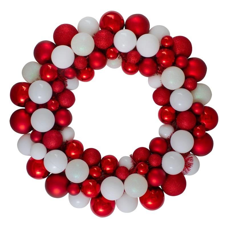 White and Red 3-Finish Shatterproof Ball Christmas Wreath - 24-Inch Unlit - 24"