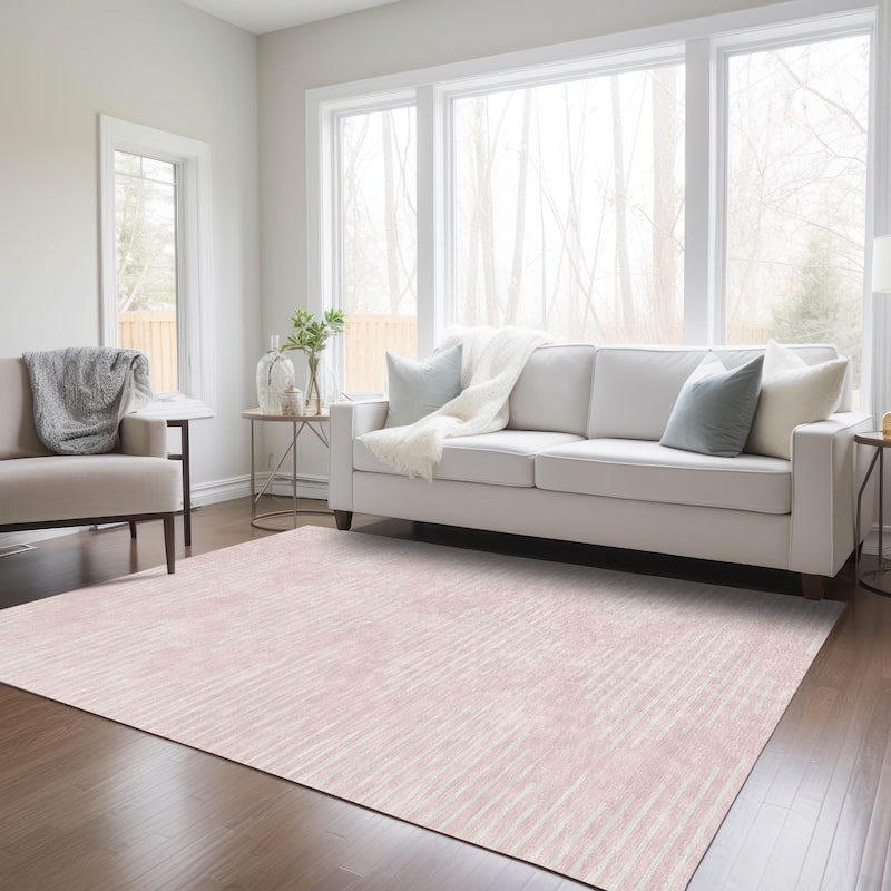 Machine Washable Indoor/ Outdoor Modern Stripe Chantille Rug