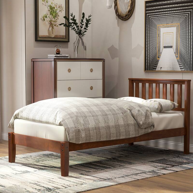 Wood Platform Bed with Headboard/Wood Slat Support.Twin - Walnut