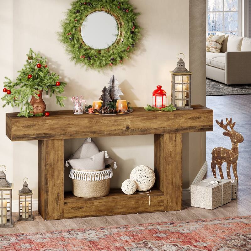 Farmhouse 63-Inch Long Console Table, 2-Tier Entryway Table Sofa Table with Storage - Brown