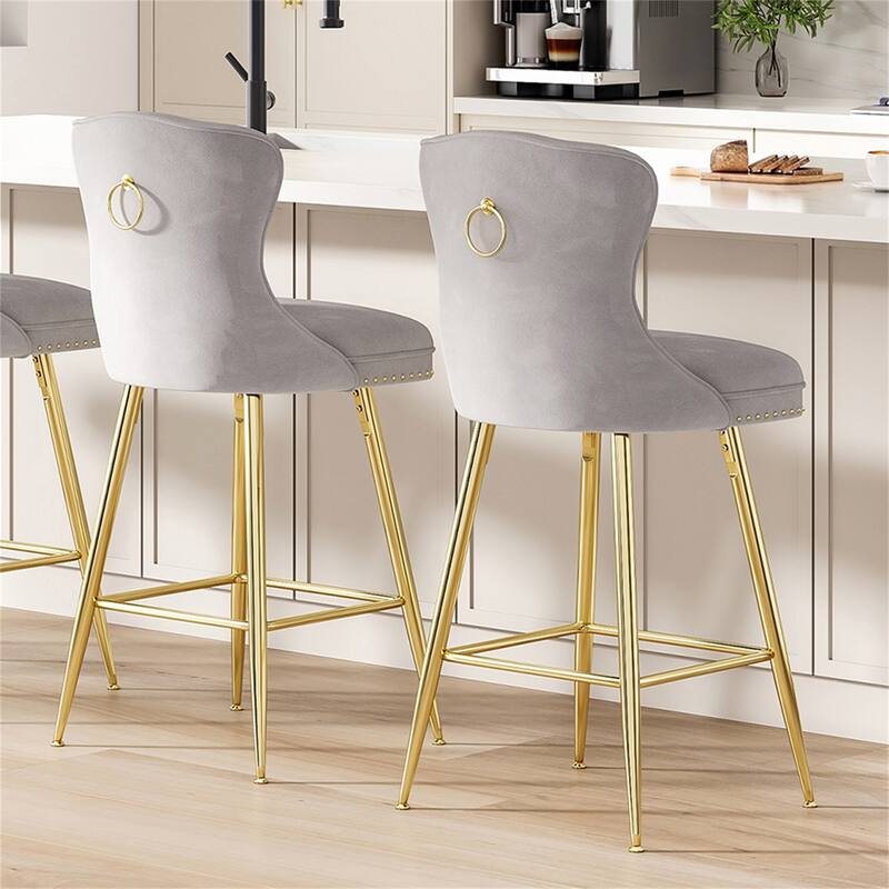 Velvet Bar Stools with Metal Legs, Button Tufted and Nailheads Trim (Set of 2)