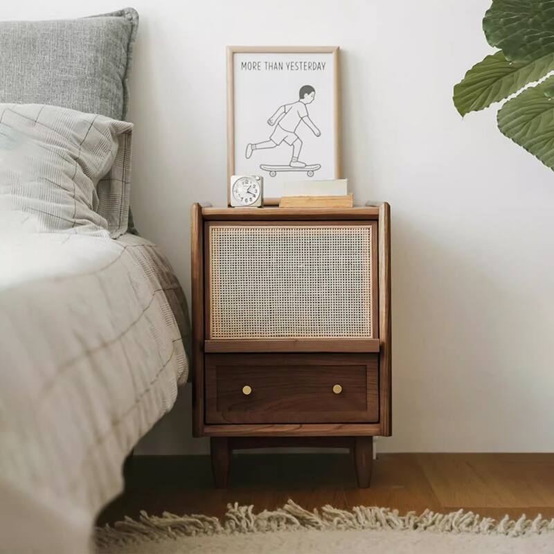 Japanese Nightstand with Rattan Drawer