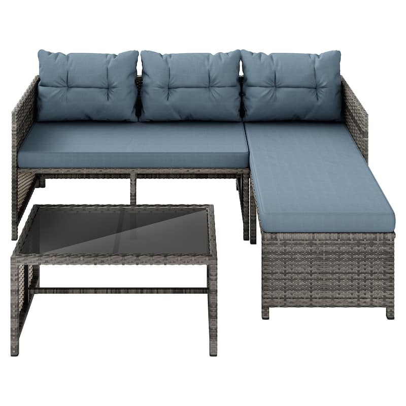3-Piece Outdoor Wicker Sectional Sofa Set, Patio Furniture with Chaise Lounge & Coffee Table - N/A