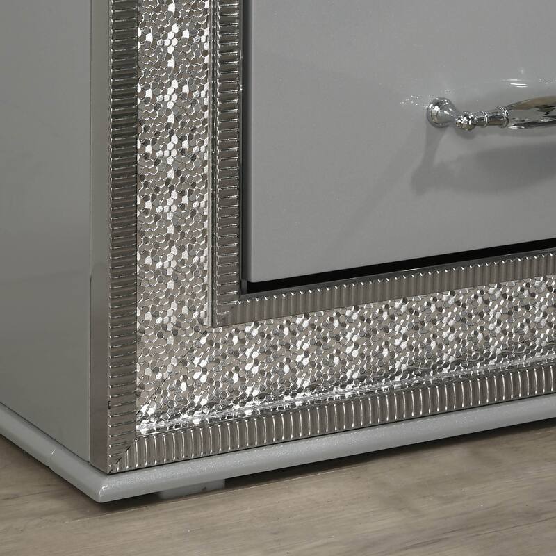 Furniture of America Rosdale Glam 5-Piece Metallic Grey Wood 7-Sided LED Headboard Platform Bedroom Set with Rectangular Mirror