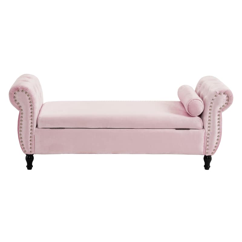 51.25" Velvet Storage Ottoman Bench with Rolled Arms and Wood Legs