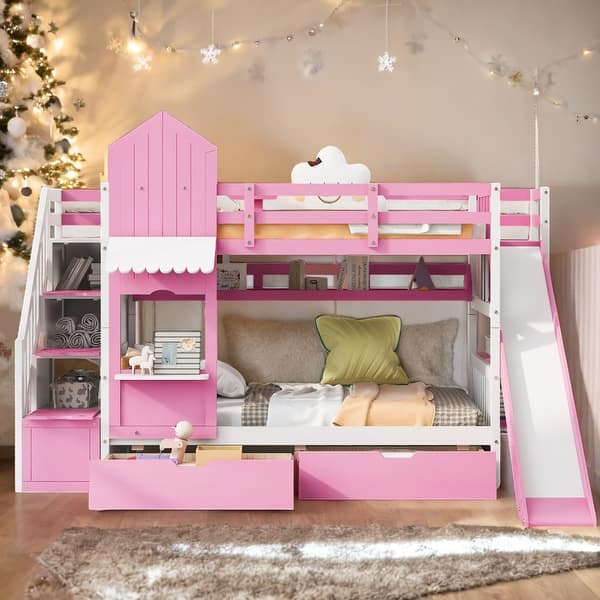 slide 2 of 19, Twin over Twin Bunk Bed With 2 Drawers,3 Shelves and Slide,Sturdy Frame Pink