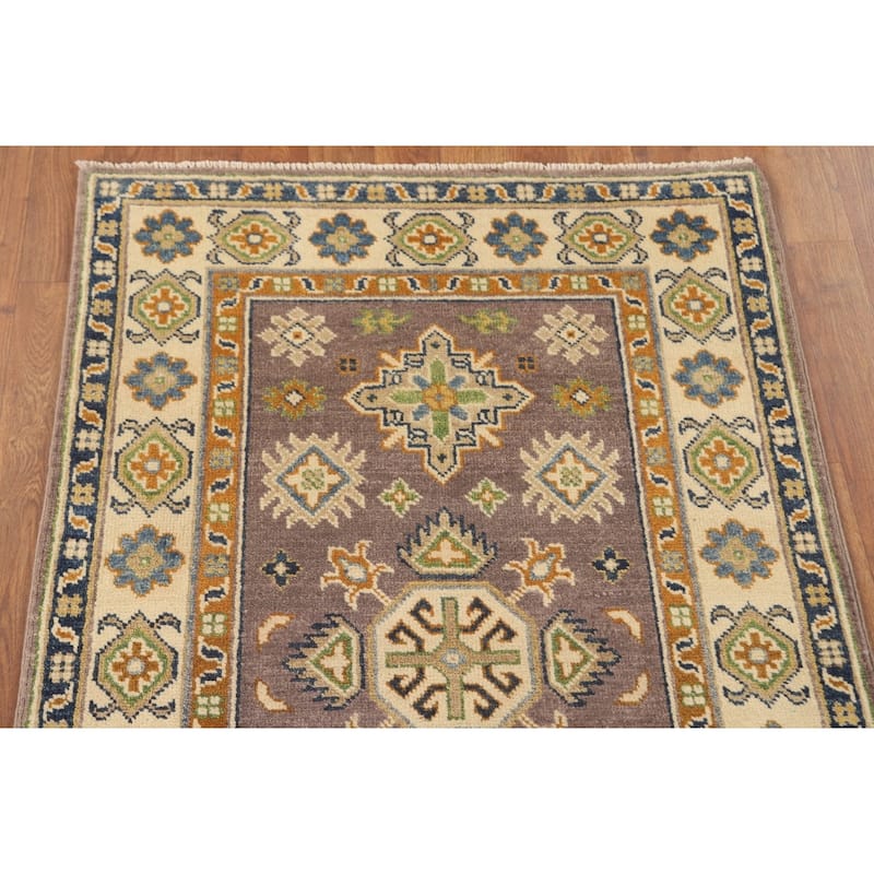 Geometric Brown Kazak Oriental Accent Rug Handmade Wool Carpet - 2'9" x 4'2"