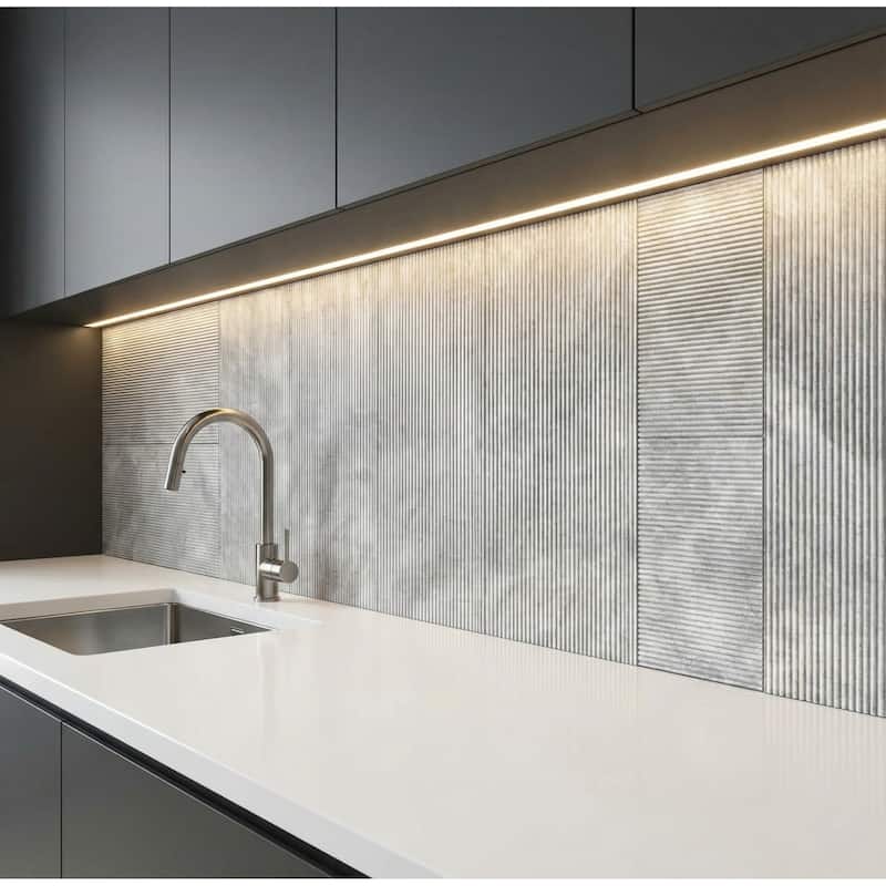 Roomfitters Carrara Marble Tile, OL Textured 3D Fluted Natural Stone for Wall, Genuine Marble, 4-Piece Box, Gray