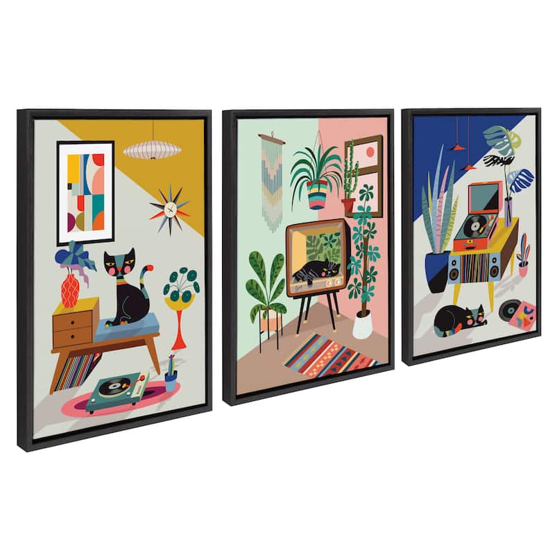Kate and Laurel Sylvie Chill Out Framed Canvas Art Set by Rachel Lee - 3 Piece Set 18X24 - Black