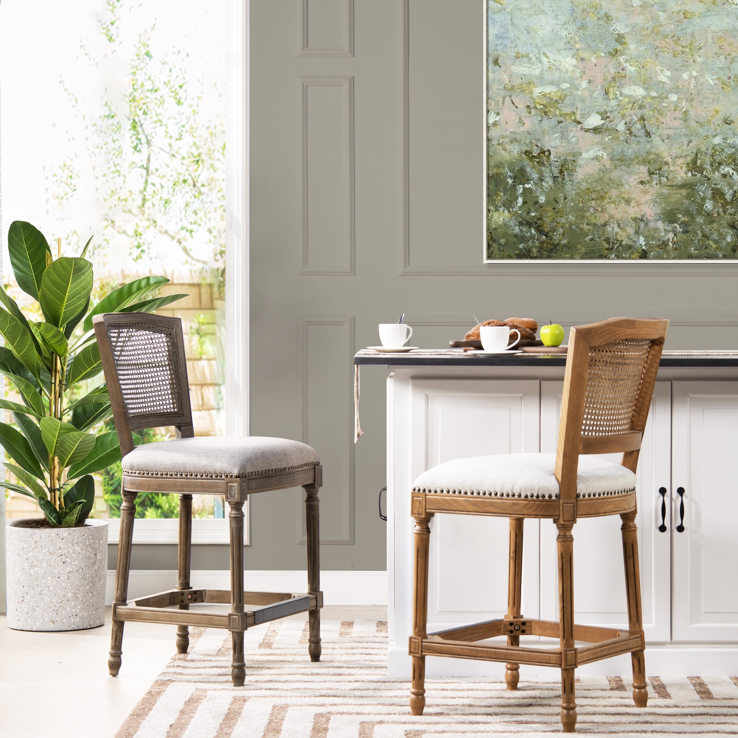 Rattan Wicker High Back Armless Counter Bar Stool,Set of 1,White