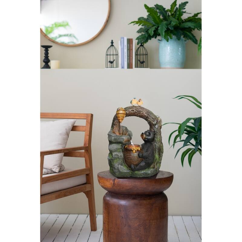 18.5x11.8x22.6" Decorative Two-Tiered Water Fountain with Woodland Animal Design, Outdoor Fountain with Light and Pump