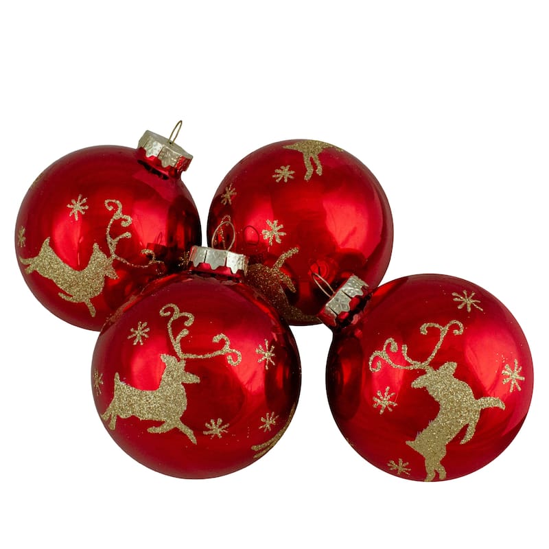 Set of 4 Red Gold Deer Glass Ball Christmas Ornaments 3.25"