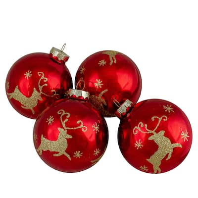 Set of 4 Red and Gold Deer Glass Ball Christmas Ornaments 3.25-Inch (80mm) - 3.25"