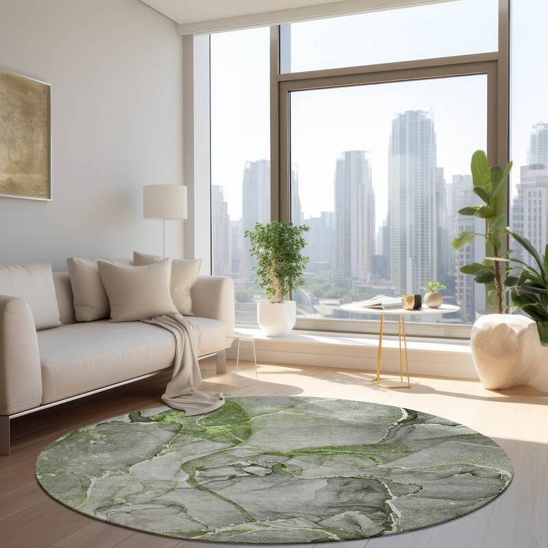 Machine Washable Indoor/ Outdoor Abstract Chantille Rug - 8' x 8' - Green